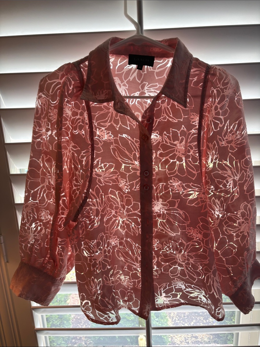 Gracia Coral/Pink Floral Sheer Button-Down Blouse